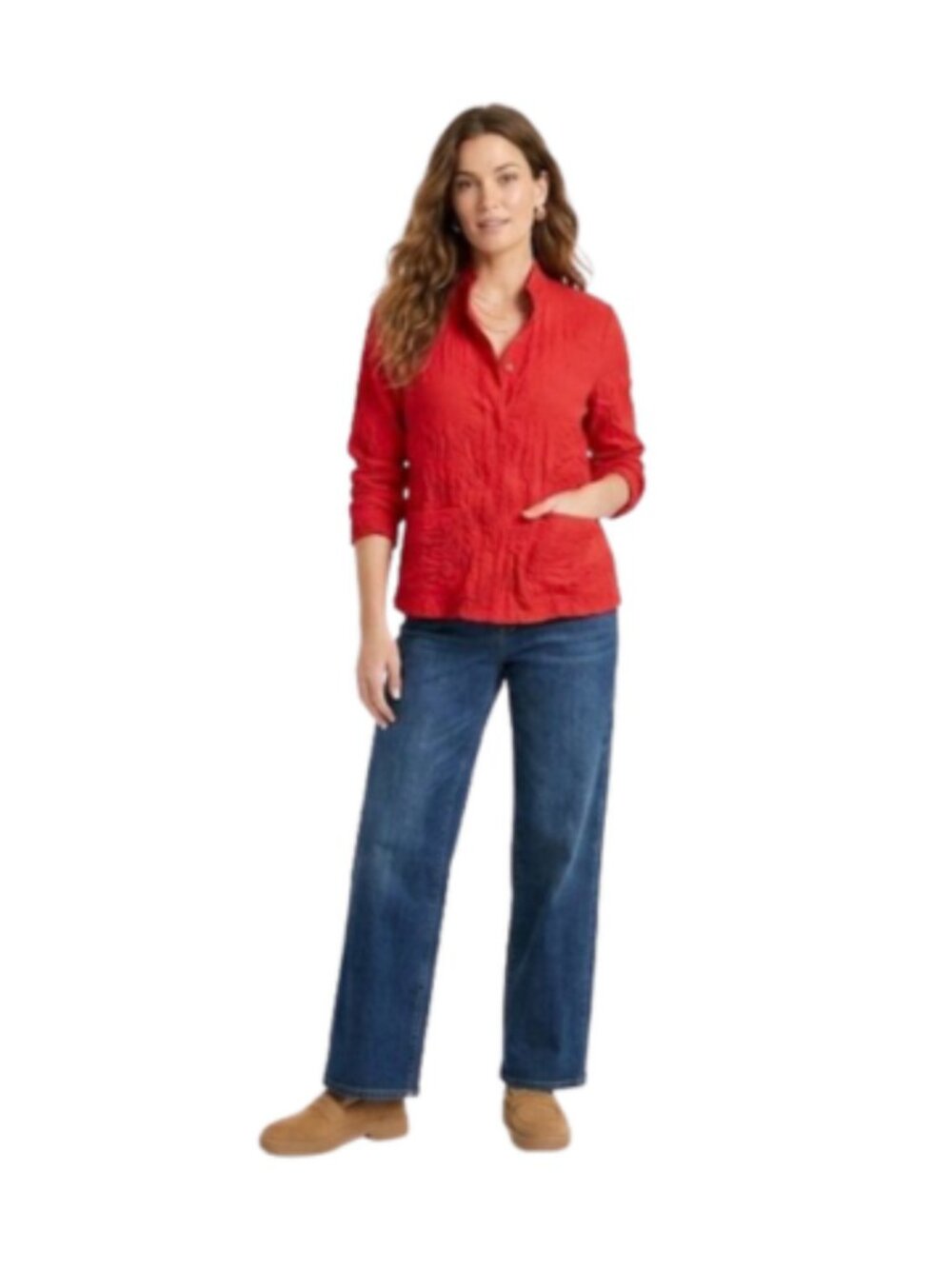 Chico’s Red Jacket or Top Mandarin Style Textured Button Up, Size 3 (XL or 16)